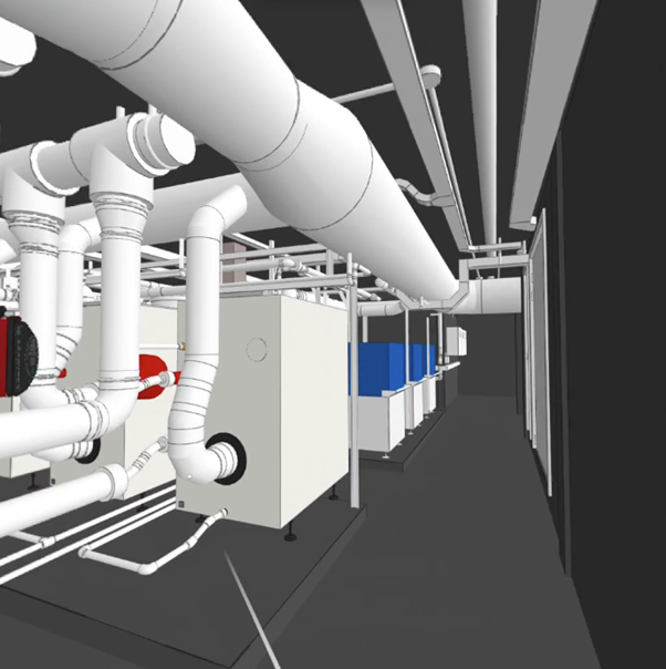 A room with white pipes and blue boxes
AI-generated content may be incorrect.